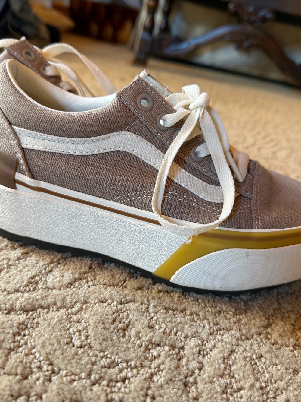 Vans Platform Sneakers in Taupe with White Stripe and Yellow Accent